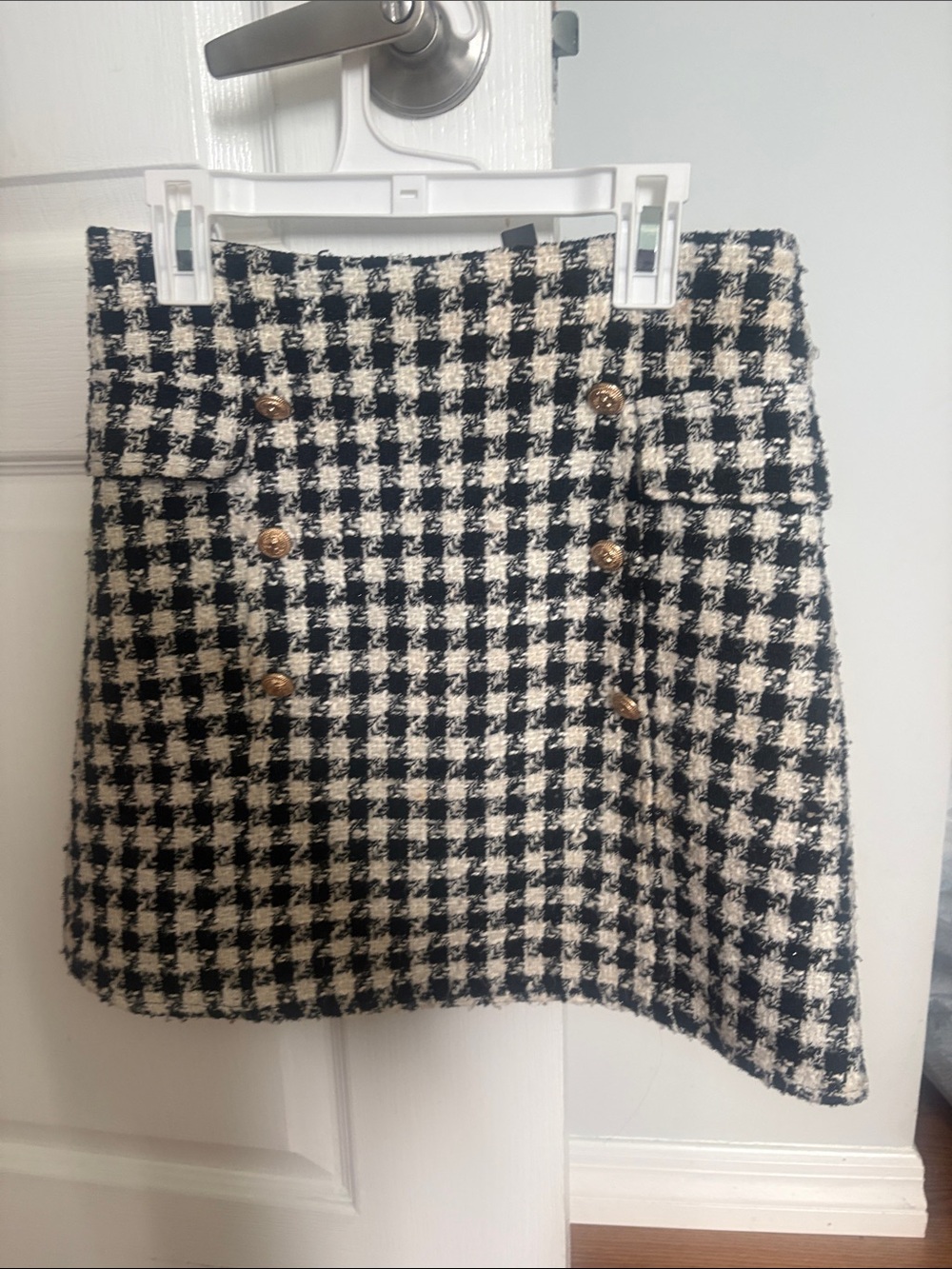 Alya Black & White Houndstooth Mini Skirt with Gold Buttons